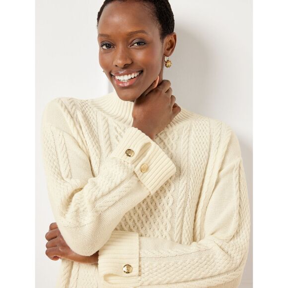 Talbots Sweaters - Talbots ivory cream mock turtleneck cable knit with button cuff detail L